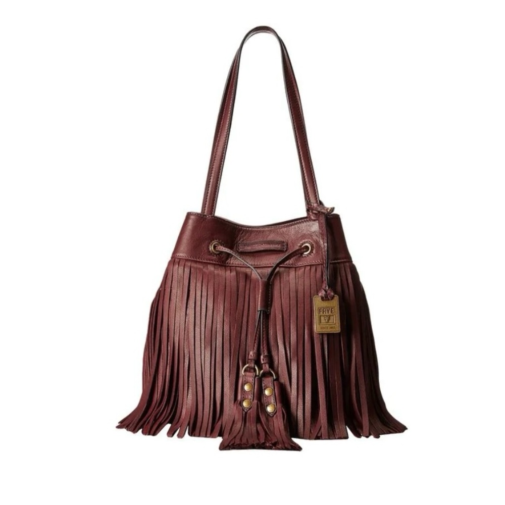 Frye Heidi Fringe Burgundy Bucket Bag